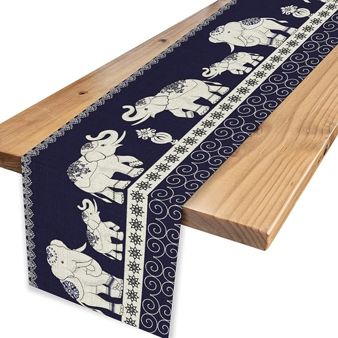 Boho Elephant Table Runner, Rustic African Tribal Traditional Diwali India Ethnic Folk Rustic Blue Coffee Table Center Decor for Home Kitchen Dining Holiday Party Outdoor Table Decorations, 13"x108"