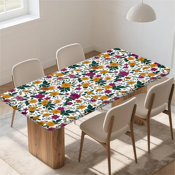 Rectangle Table Cloth Cover Waterproof Elastic Fitted Polyester Fitted Tablecloths for 6 Foot Tables for Indoor,Picnic, Camping, Outdoor （72" x 30"，Floral Print）