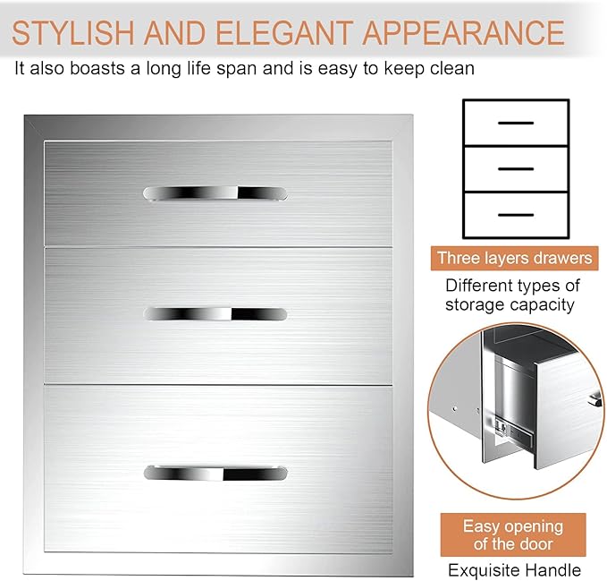 Outdoor Kitchen Drawers, Flush Mount Triple Access BBQ Drawers With Stainless Steel Handle, BBQ Island For BBQ Island Patio Grill Station,Three Drawers