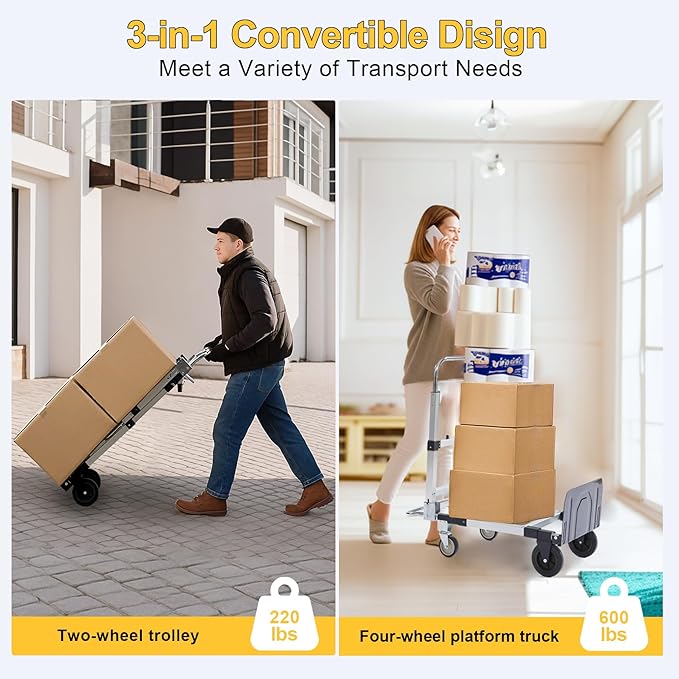 Upgraded 3 in 1 Aluminum Folding Hand Truck, 600lbs Capacity, Heavy Duty Convertible Dolly with Retractable Handle and 4 Rubber Wheels, Collapsible Cart for Moving Home, Office, Warehouse (Black)