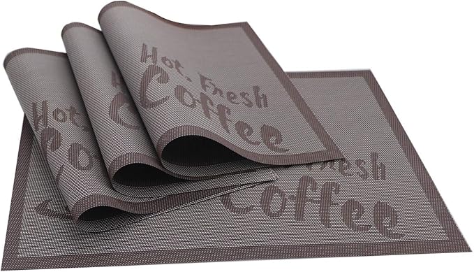 Gugrida Placemats Set of 6 Plaid Checkered Coffee Heat-Resistant Anti-Skid PVC Placemat for Dining Table Durable Woven Vinyl Stain tablemats 18"X12", Large