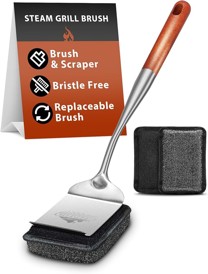 Grill Brush Bristle Free for Outdoor Grill, Grill Brush Bristle Free with 1 Replaceable Brush Heads, Steel Fibers Pad for Cast Iron/Stainless-Steel Grates, Grill Brush for Outdoor Gril