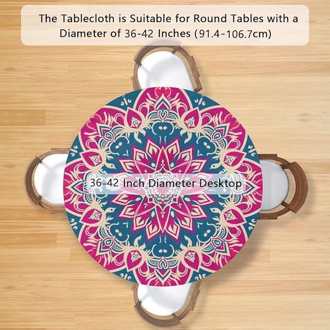 Beautiful Flower Mandala Round Table Cloth Cover, Elastic Edge Waterproof Wipeable Tablecloths 36"-42" Polyester Tablecloth for Party Restaurant Banquet Holiday Camping Outdoor Picnic