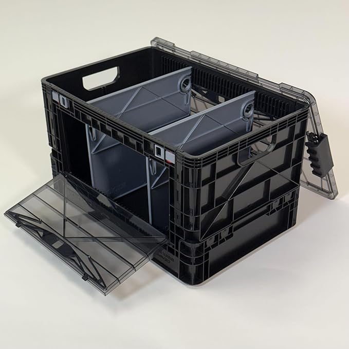 SIDIO Full-Size Collapsible Crate - Heavy Duty Stackable Storage Bin with Lid & 2 Short-Ways Dividers, Durable Plastic Organizer for Home, Office, Garage & Outdoor Use (Smoke)
