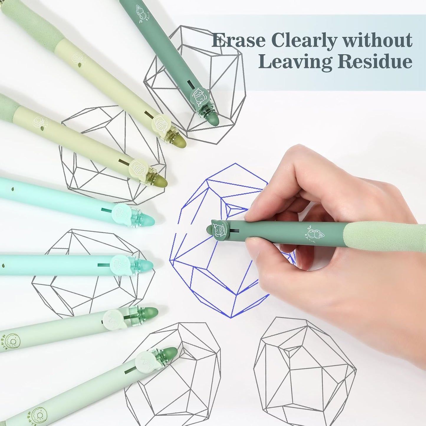 BAYTORY 8Pcs Cute Retractable Erasable Gel Pens, Blue and Black Ink Pen with Eraser Clear, Smooth Writing Comfortable to Use for Note Taking Marking Planner Crossword Puzzles (Green)