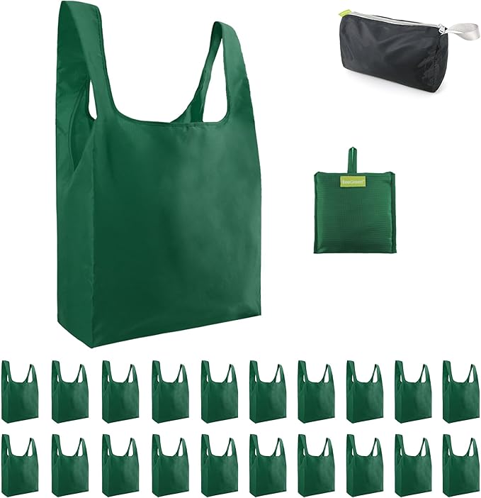 BeeGreen Christmas Green Reusable Shopping Bags Green Wholesale Reusable Grocery Bags Bulk Foldable-Machine Washable with Zipper Storage Pouch 20 Pieces