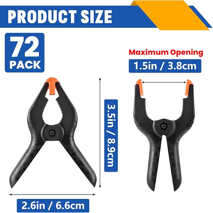 72 Pack 3.5 inch Plastic Spring Clamps, Black Heavy Duty Clips, Backdrop Clips, Plastic Clamps for Crafts, Backdrop Stand, Woodworking, Photography