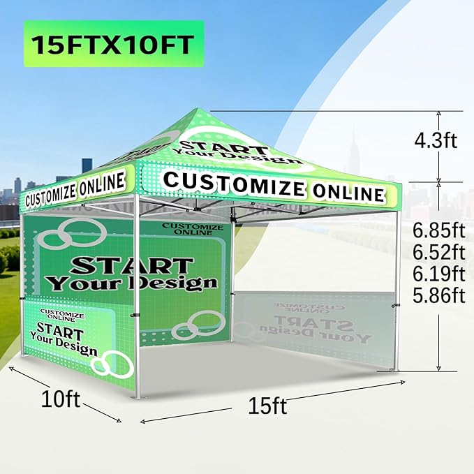 10x15FT Custom Pop Up Canopy Tent with Logo Personalized Trade Show & Event Heavy Duty Aluminum Folding Tent for Outdoor Markets, Business Branding Advertising (Top Canopy + 3 Full Walls)