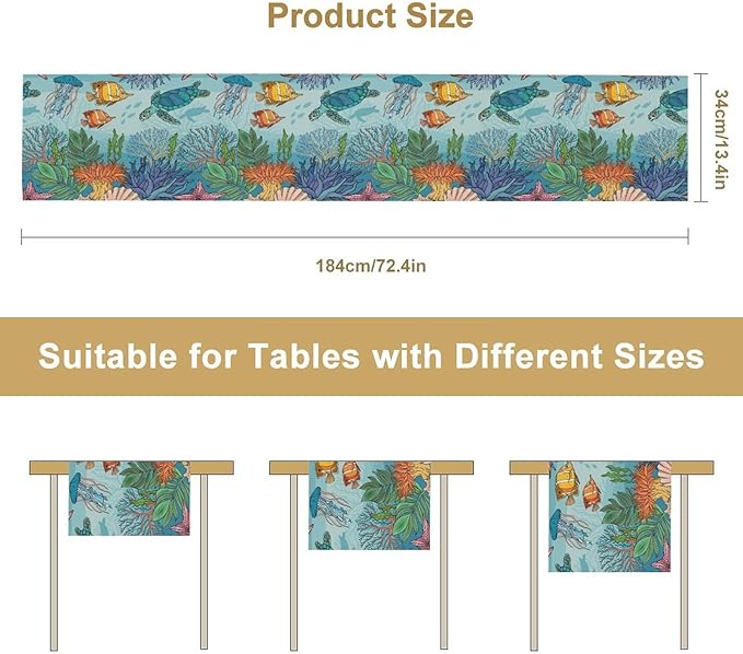 Coastal Table Runner, Ocean Nautical Coral Starfish Seashell Sea Turtle Table Runner for Dining Table Kitchen Party Picnic Home 13x60in