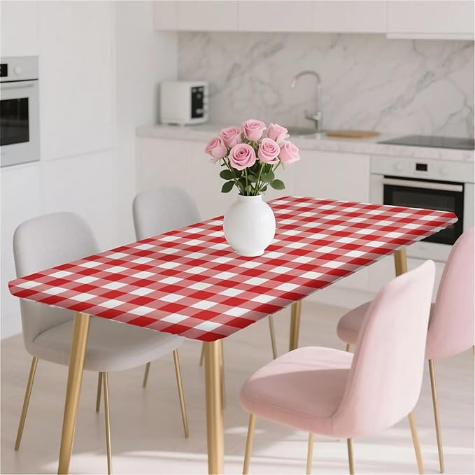 Rectangle Table Cloth Cover Waterproof Elastic Fitted Polyester Fitted Tablecloths for 6 Foot Tables for Indoor,Picnic, Camping, Outdoor （72" x 30"，Red Grid）