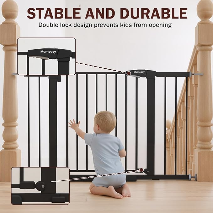 29.7-46" Extra Wide Baby Gate for Stairs, Pressure Mounted Dog Gate Indoor for Doorways, Auto Close Pet Gate with Walk Thru Door, Double Lock Child Safety Gate for Kids and Pet, No-Trip Design