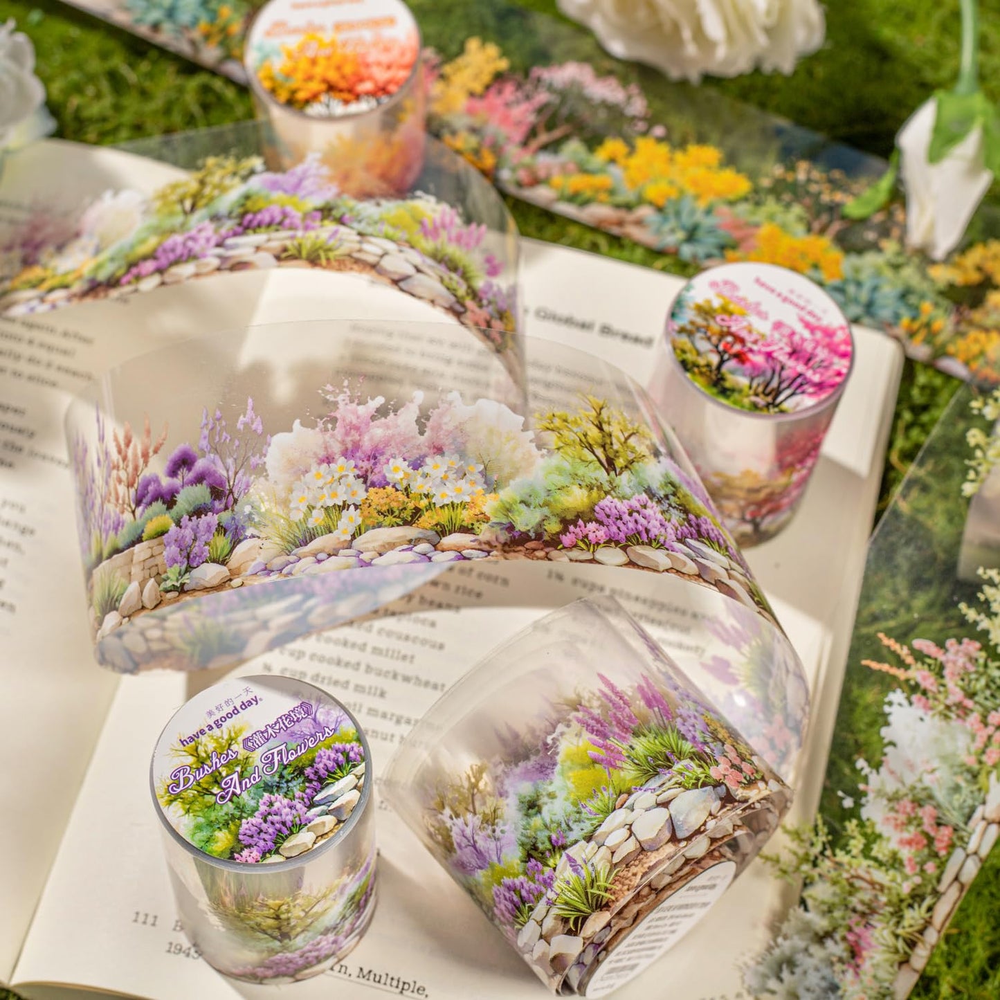 6 Rolls Transparent Floral and Botanical PET Tape Set, Landscape Stickers for Journaling, Scrapbooking, and DIY Crafts, with Decorative Clip