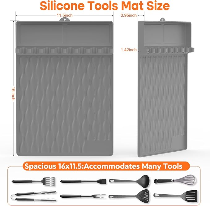 Silicone Griddle Tools Mat with Drip Pad for Blackstone – Non-Slip Spatula Rest & Side-Shelf Mat for Outdoor Grill Kitchen Counter, Heat-Resistant Grill Pad, Blackstone Griddle Accessories-Gray2-Pack
