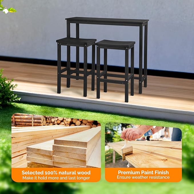 VINGLI 3-Piece Fir Wood Outdoor Bar Table and Chairs Set, Outdoor Bar Height Table with 2 Bar Stools Patio Bistro Set for Garden Balcony Backyard (Black)