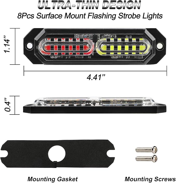 ASPL 8pcs Sync Feature Ultra Slim 12-LED Surface Mount Flashing Strobe Lights for Truck Car Vehicle LED Mini Grille Light Head Emergency Beacon Hazard Warning Lights (Red/White)
