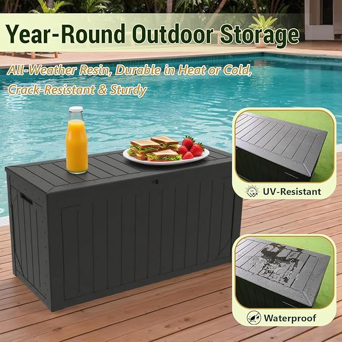 100 Gallon Resin Deck Box, Waterproof Outdoor Storage Box for Patio Furniture, Garden Tools, and Pool Accessories, Lockable UV-Resistant Storage Bin Bench Cabinet for Outside, Black