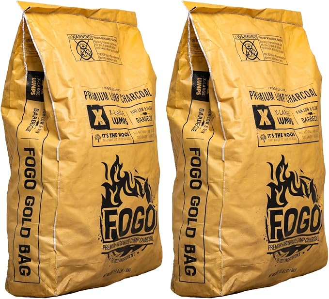FOGO Super Premium Hardwood Lump Charcoal, Natural, Large Sized Lump Charcoal for Grilling and Smoking, Restaurant Quality, 17.6 Pound Bag, 2-Pack