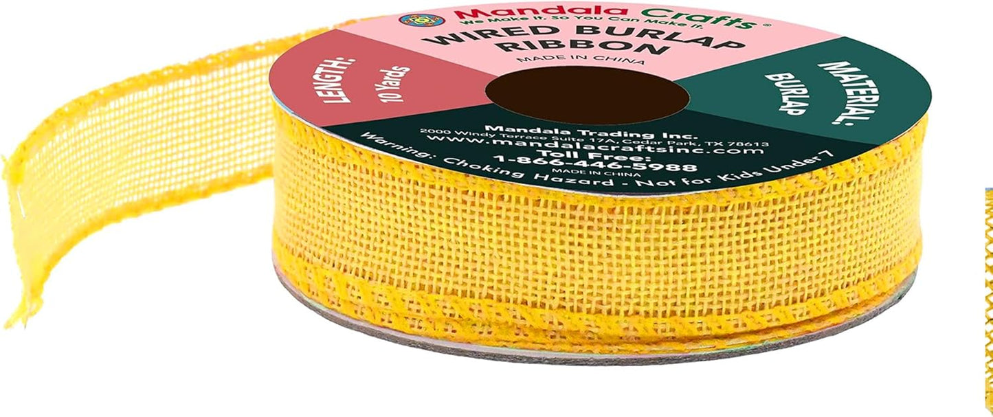 Mandala Crafts Yellow Burlap Wired Ribbon 1 Inches Wide Jute Ribbons for Crafts - 10 Yds Roll Rustic Burlap Wrap Trim Ribbons for Wreaths Bows Party Decoration