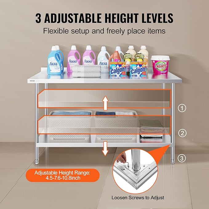 VEVOR 24 x 60 x 36 Inch Stainless Steel Work Table, Commercial Food Prep Worktable Heavy Duty Prep Worktable, Metal Work Table with Adjustable Height for Restaurant, Home and Hotel
