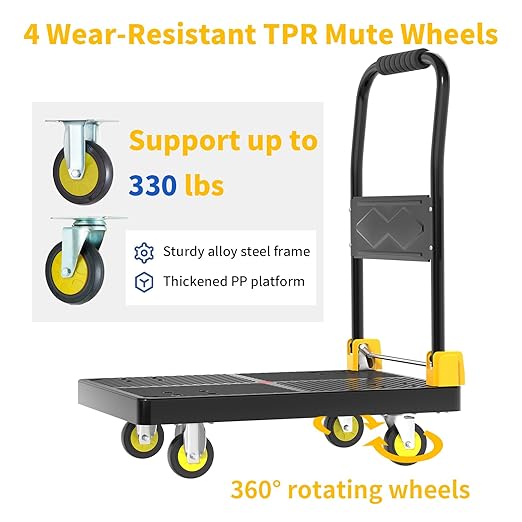 Push Cart Dolly - Foldable Heavy - Duty Flatbed Platform Cart with 360 - Degree Rotating Wheels for Moving in Food Truck and Trailer, Load Capacity 330 lbs, Black Yellow