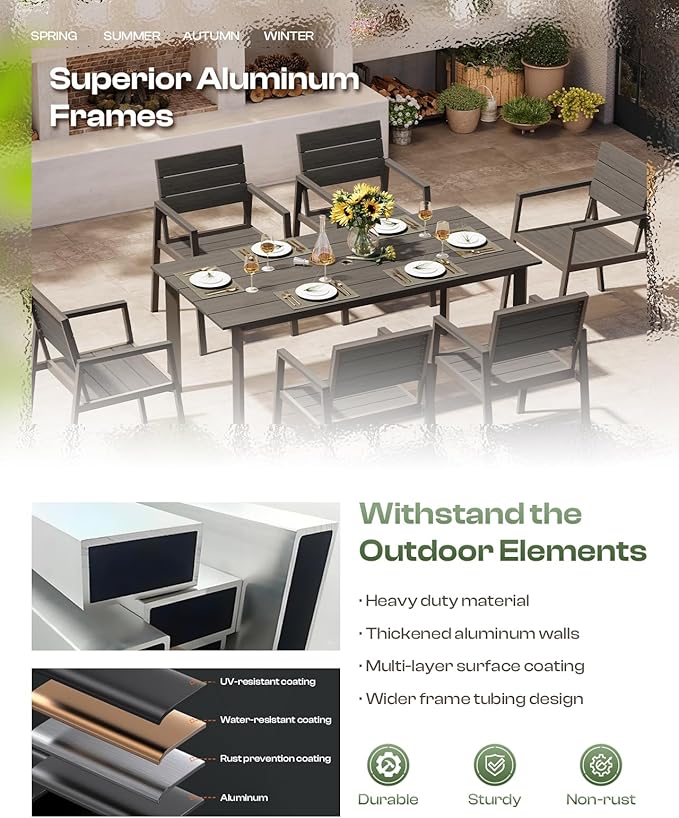 Patio Table and Chairs Set, 7 Piece Outdoor Dining Set with Umbrella Hole, HDPS + Aluminum Patio Furniture Set for Garden (Charcoal)
