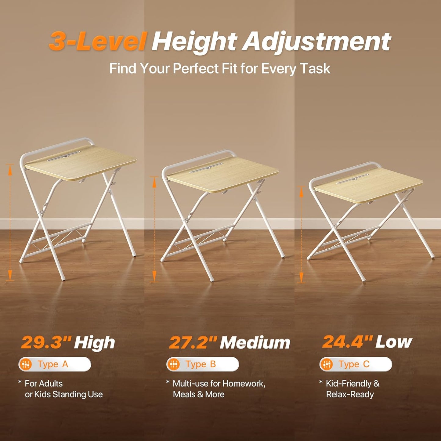 Huuger Folding Desk with 3-Level Adjustable Height and Tablet Slot, 24 Inch Foldable Computer Desk for Small Spaces, Space Saving, Writing Work Table for Home Office, Bedroom, Study, Oak