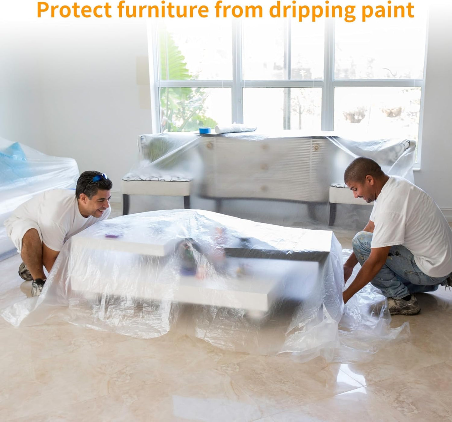 Pre-Taped Masking Film 3 Pack Each 118in x 65 feet Rolls, Tape and Drape, Painters Plastic Sheeting Drop Cloth for Automotive Painting Covering, House Decoration Furniture Floor Dustproof Cover