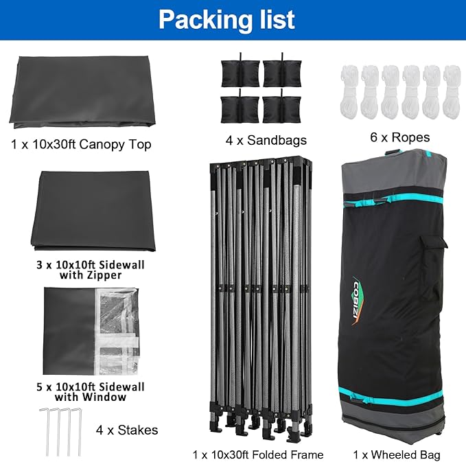 COBIZI 10x30 Pop up Canopy Tent 10x30 Canopy with Sidewall Waterproof Heavy Duty Commercial for Parties Outdoor Garden Gazebo Tent, Carry Bag with Wheel(10x30ft with Sidewalls,Black)