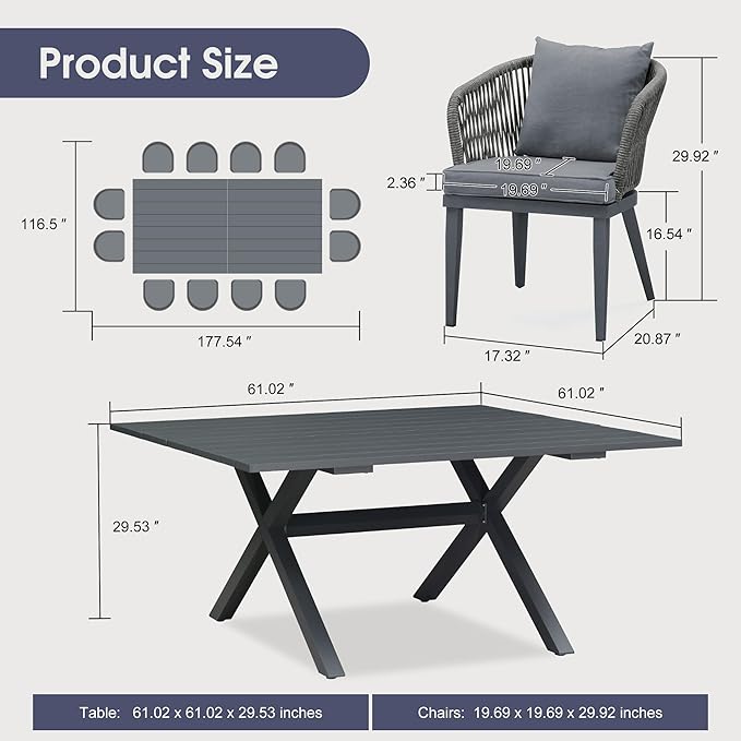 PURPLE LEAF 14 Pieces Patio Dining Set Wicker Outdoor Furniture Oversize Rectangular Table and Chairs Set for Garden Deck Aluminum Frame Backyard Kitchen Set, Cushions and Pillows Included Grey