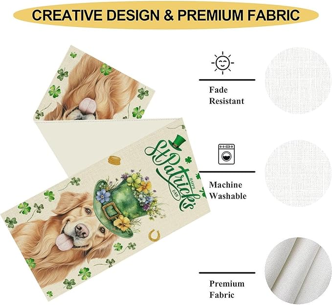 St.Patrick's Day Table Runner,Sharmrock Dog Hat Golden Retriever Beige Rustic Table Center Decor for Home Kitchen Dining Patio Holiday Party Indoor Table Decorations, 13"x90"