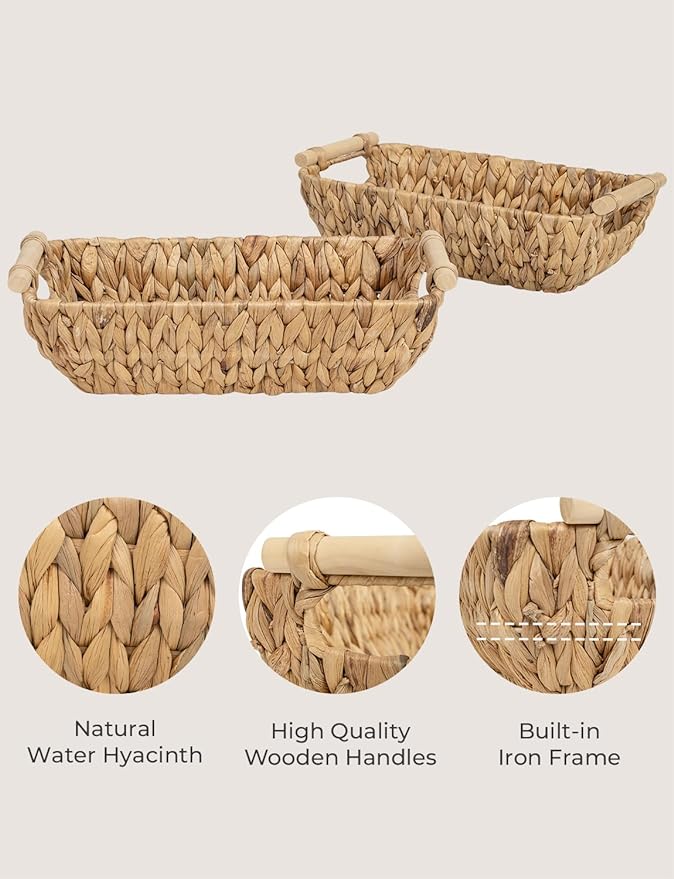 StorageWorks Hand-Woven Small Wicker Baskets, Water Hyacinth Storage Baskets with Wooden Handles, 2-Pack