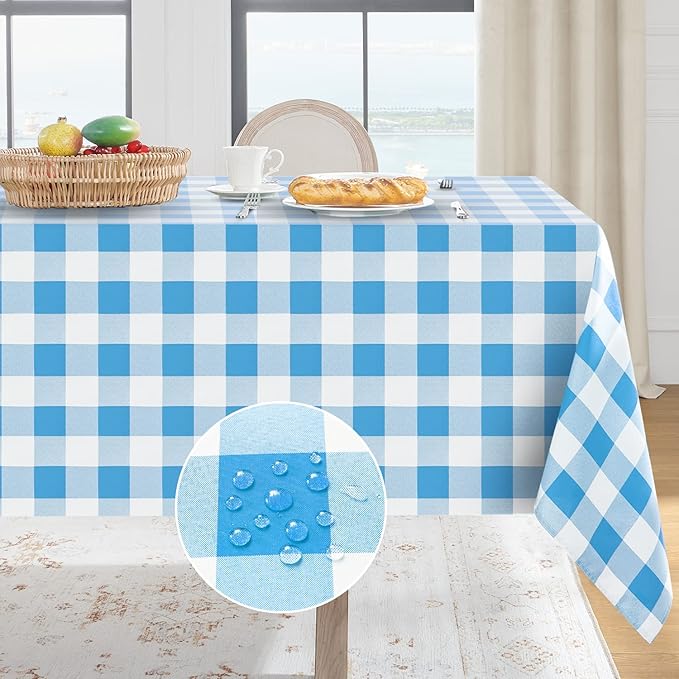Softalker Gingham Checkered Tablecloth Rectangle - Outdoor Waterproof Buffalo Plaid Table Cloth, Stain Resistant Washable Table Cover for Picnic, Camping, Dining - Blue and White, 54 x 78 Inch