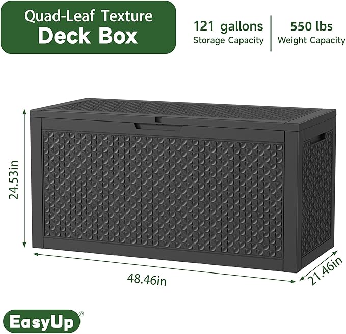 EasyUp 121 Gallon Outdoor Storage Box Waterproof, UV Resistant Resin Deck Box with Hydraulic Rod, Reinforced Stability for Patio, Garden, Quad Leaf Black
