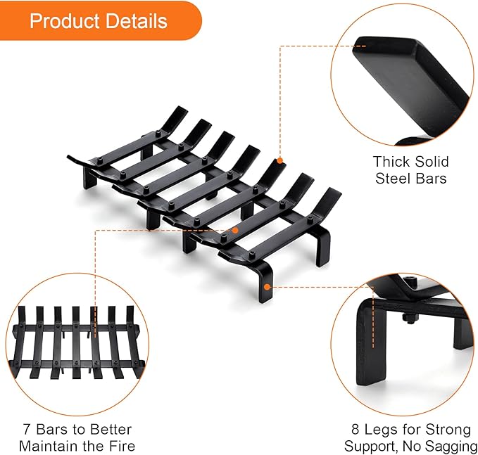 17“ Fireplace Grates Wood Stove Grate Rack Stove Burning Rack Heavy Duty Solid Steel 7-Bars Firewood Holder Easy Assembly Fire Grate for Indoor Hearth Outdoor Firepit Matt Black