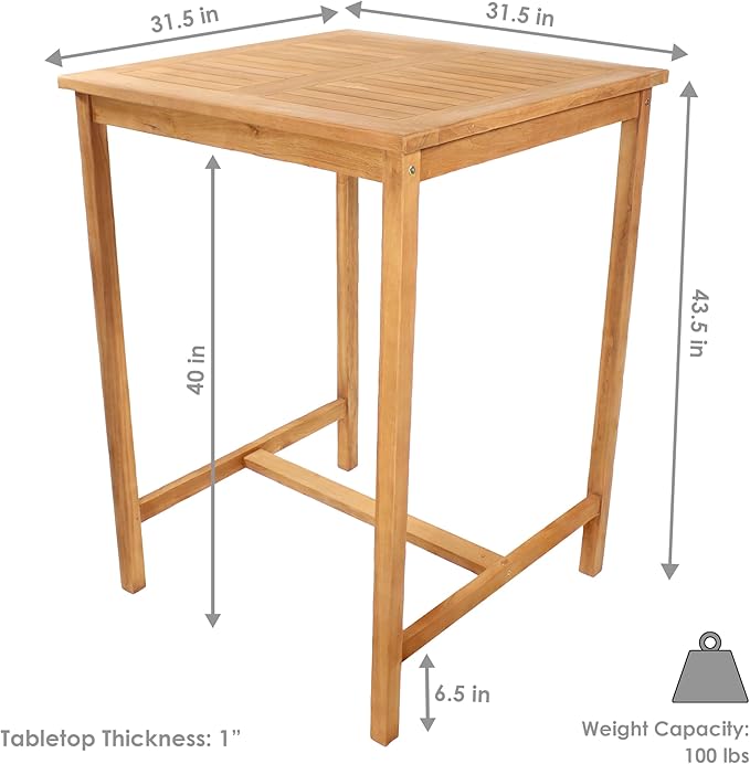 Sunnydaze 2-Person Solid Teak Wood Square Patio Bar Table - for Indoor or Outdoor Use - 31" Square x 43.5" H