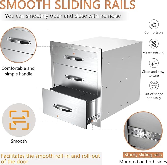 Outdoor Kitchen Drawers, Box Frame Style Flush Mount BBQ Drawer w/Stainless Steel Handle, BBQ Island Drawers For Patio Grill Station,Three Drawers