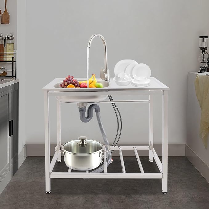 Outdoor Utility Sink, Freestanding Kitchen Sink with Faucet, Utility Sink Freestanding Single Bowl Portable Washing Hand Basin Station with 2 Tier Storage Shelves for Backyard (29.52x 15.74x 29.52in)