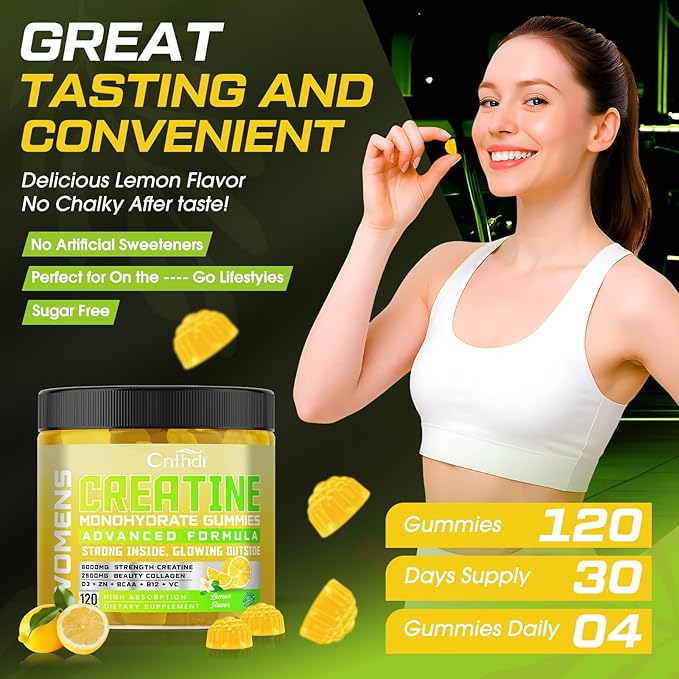 CNFDHI Creatine Gummies Monohydrate 6000MG, Pre-Workout for Women, Collagen, L-Taurine, BCAA 2:1, B12& Vitamin C for Muscle Support, Enhance Strength, Energy Boost, 30 Days Supply