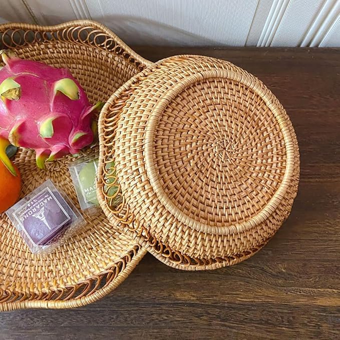 RT&BS Rattan Fruit Baskets for Serving, Handwoven Bread Basket, Christmas Food Baskets, Storage Basket for Bread Snack Candy Small Items (Ø9 x 2'')