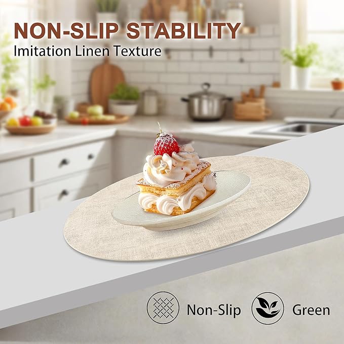 Round Faux Leather Placemats and Coasters, Set of 6, Reversible Heat Resistant Non-Slip Table Mats, Waterproof Wipeable Place Mats for Dining Table, Washable for Indoor & Outdoor (6, Beige)