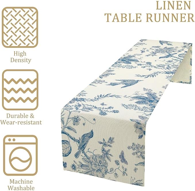 Spring Flower Table Runner, Farmhouse Vintage Blue White Floral Bird Print Table Runner for Kitchen Dining Table Party Wedding Decor, 13x60inch