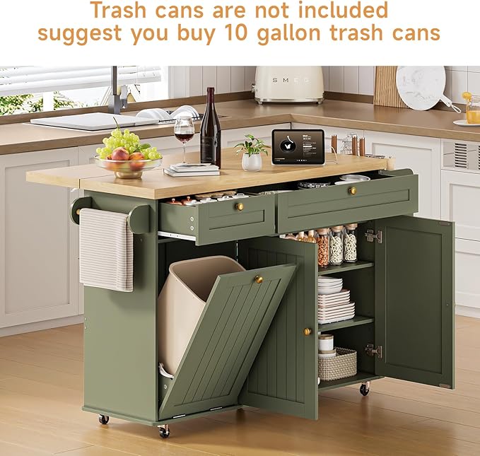 60" Kitchen Island with Power Outlet & Drop Leaf, Kitchen Rolling Island with Spice Rack & Towel Rack, Knife Holder, Kitchen Island Cart with Trash Storage Cabinet, Mobile Island Table for Kitchen