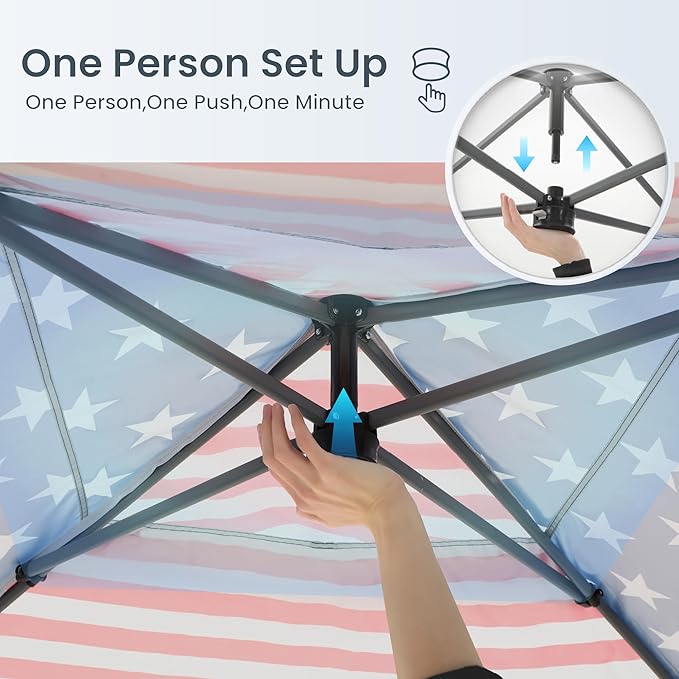 PHI VILLA 10x10 Pop Up Canopy Tent - One Push Setup, Instant Shade Tent with Vented Roof for Beach & Events - Includes Storage Bag, Sandbags, Stakes & Ropes (American Flag)