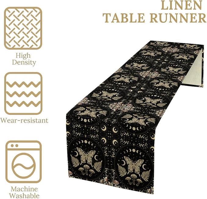 Mushroom Moth Table Runner,Vintage Boho Moon Autumn Seasonal Table Runner for Kitchen Dining Table Holiday Party Home Decor 13x60in