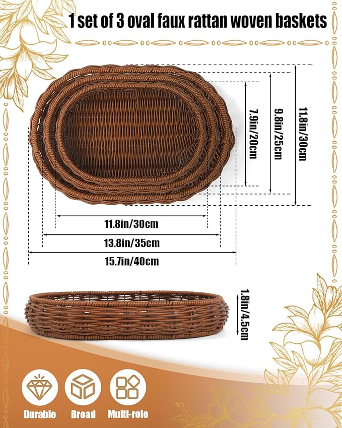 Woven Bread Basket, 3 Pack Wicker Fruit Baskets Rattan Bread Basket Poly Wicker Bread Baskets With Handles For Food Serving, Display, Vegetables, Home Kitchen, Restaurant, Outdoor (Oval set)