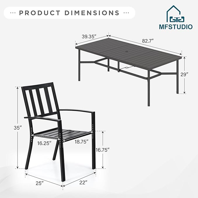 MFSTUDIO Outdoor Dining Set for 8, Patio Table and Chairs Set with Umbrella Hole, 9 Piece Metal Patio Dining Sets, Outdoor Patio Furniture Set for Deck Backyard Poolside Garden