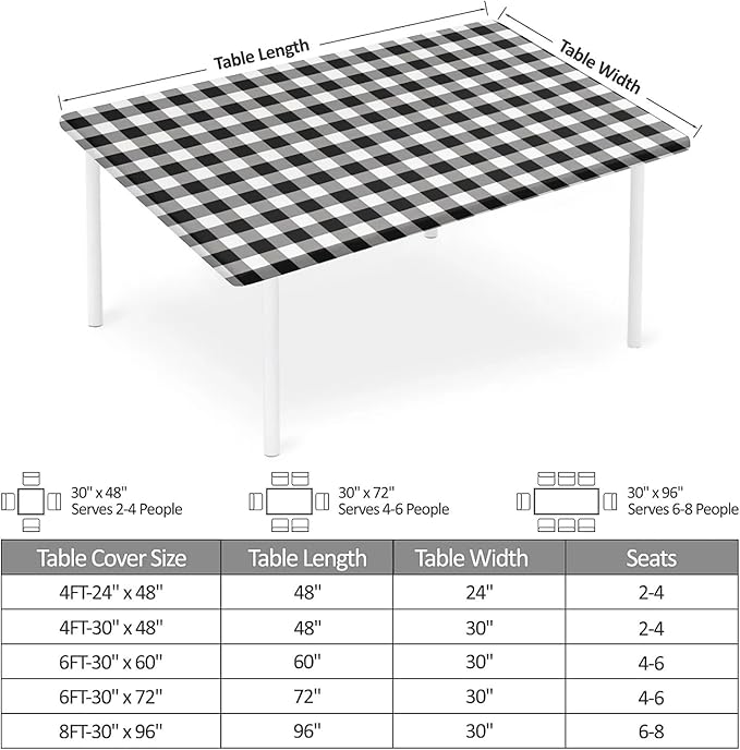 Rectangle Table Cloth Cover Waterproof Elastic Fitted Polyester Fitted Tablecloths for 8 Foot Tables for Indoor,Picnic, Camping, Outdoor （96" x 30"，Black Grid）
