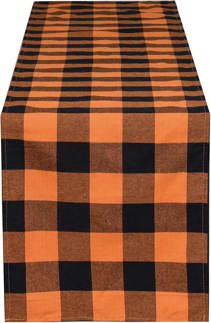 Tosewever Halloween Buffalo Check Plaid Table Runner, Cotton Polyester Blend Classic Family Dinner Table Runners for Indoor Outdoor Parties Events Home Decoration (Orange and Black, 14 x 72 Inch)