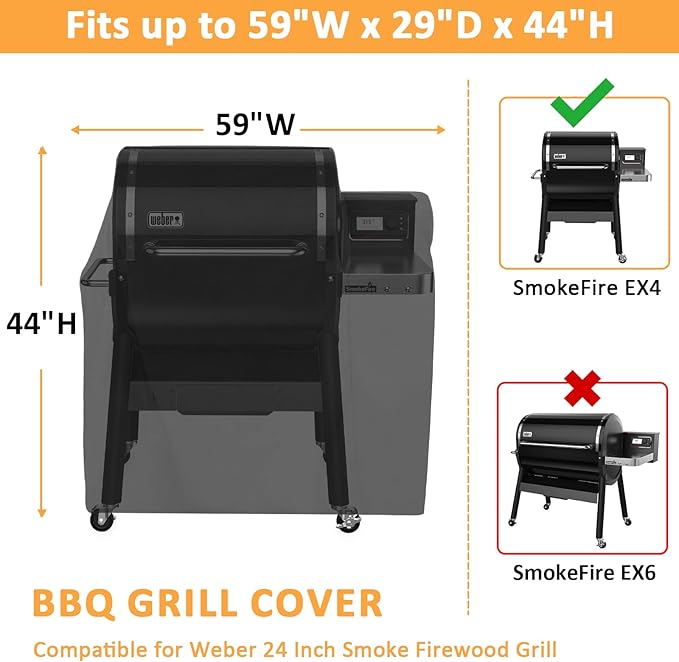 Grill Cover for Weber Smokefire EX4 Pellet Grill Replacement 7190 Cover, Waterproof Full-Length Cover for Weber 24 Inch Grills Smoke Firewood Pellet Grill 22510001 Models, 59 Inch Outdoor BBQ Cover