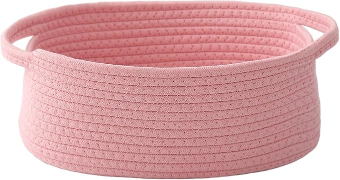 Woven Basket,Small Rope Storage Bin with Handles & Ribbon Bag, Organizer for Shelves Closets,Gift Basket Empty for Birthday,Books,Dog Toys, Pink